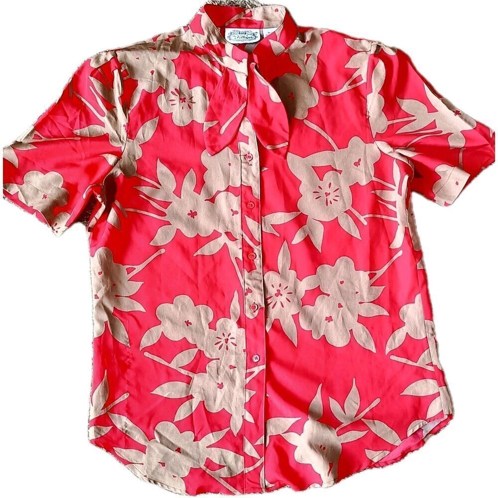 Vintage The Villager Blouse Button Up With Neck Tie Size 10 Red Floral Print